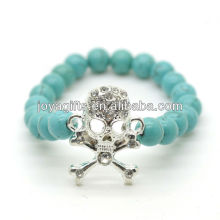 Bracelet en pierres précieuses élastique en perles rondes turquoise de 8MM avec crâne Diamante au milieu